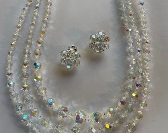 Mid Century Clear Aruora Borealis Crystal 3 strand Necklace and Clip on Earrings