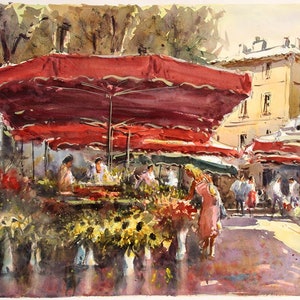 Watercolor #2 of Flower Market in Aix en Provence.