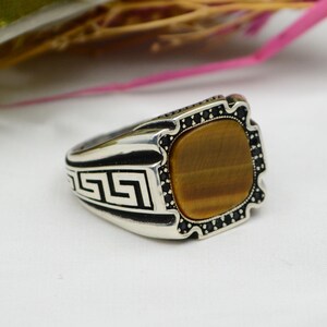 Men&#39;s Tiger&#39;s Eye Gemstone Ring - Turkish Handmade 925 Sterling Silver Jewelry,Gift for Him