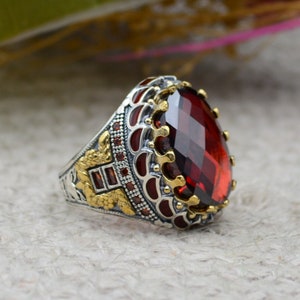 Red Zircon Men&#39;s Ring in 925 Sterling Silver -Turkish Handmade Jewelry-Gift For Him