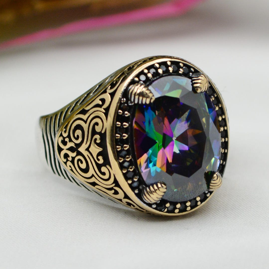 ミスティックトパーズ メンズリング：手作りトルコ製925スターリング