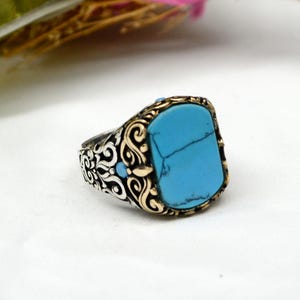 Men’s Turquoise Ring, 925 Sterling Silver Ring for Him, Handmade Turkish Jewelry, Statement Blue Stone Ring, Gift for Husband