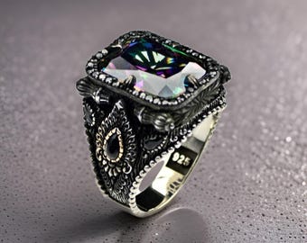 Mystic Topaz Stone Ring: Turkish Handmade 925 Sterling Silver