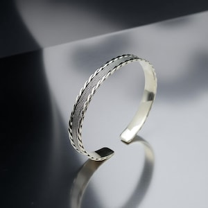 925 Sterling Silver Men&#39;s Cuff Bracelet – Braided Edge Adjustable Silver Bangle – Handmade Gift for Him