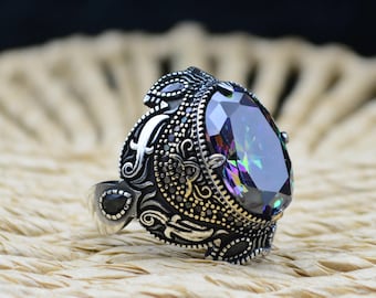 Mystic Topaz Men's Ring: Handmade 925 Sterling Silver Statement Jewelry