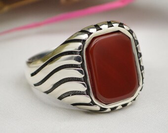 Men’s Agate Signet 925 Sterling Silver Ring – Handmade Red Stone Jewelry