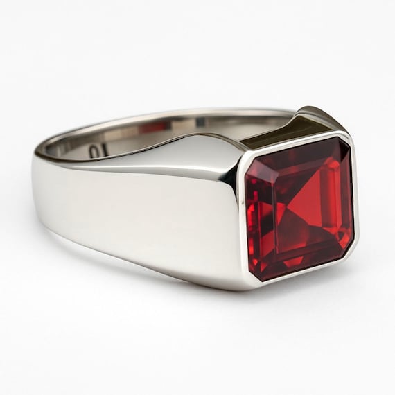 Bague Homme Vintage En Argent 925 Avec Grenat 8x10 Mm - Style Art Déco, Fait Main - Neuf