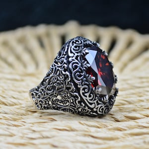 925 Sterling Silver Ruby Men&#39;s Ring,Unique Jewelry for Him,Turkish Handmade,Gift for men