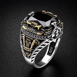 Anello da uomo in onice nera: anello turco in argento sterling 925 realizzato a mano.