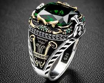 Anillo de plata de ley con esmeralda hecho a mano: diseño turco vintage