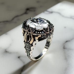 Handmade Ottoman Style Sterling Silver Zircon Ring - Turkish Men&#39;s Ring