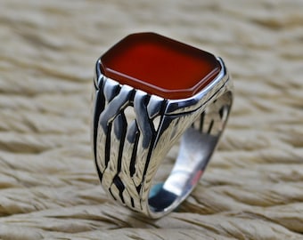 925 Sterling Silver Signet Mens Ring: Handmade Red Agate Jewelry
