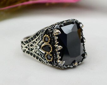 Black Onyx Statement Ring: 925 Sterling Silver Turkish Handmade