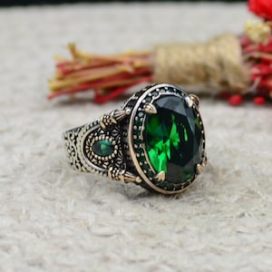 Turkish Handmade Emerald Men&#39;s Ring,925 Sterling Silver, Men&#39;s Jewelry,gift for him
