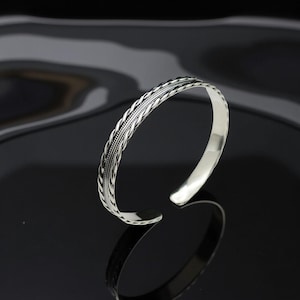925 Sterling Silver Men&#39;s Cuff Bracelet – Braided Edge Adjustable Silver Bangle – Handmade Gift for Him