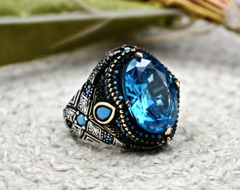 Aquamarine Ring Men-Turkish Handmade 925 Sterling Silver