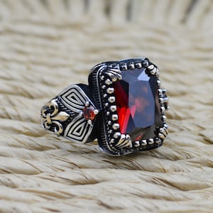 Handmade Ruby Men&#39;s Ring, 925 Sterling Silver Turkish Jewelry,Gift for Him,Gift for Husband,Gift for Father,Gift for Birthday