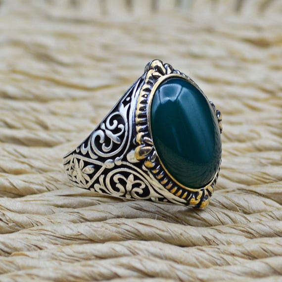 Bague agate verte carrée en argent sterling 925 turque, bijoux