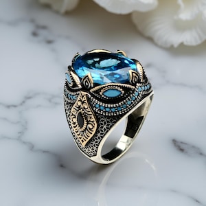 Bague pour homme en argent sterling 925 aigue-marine, bague tendance en pierre bleue de style ottoman, bijoux turcs faits main