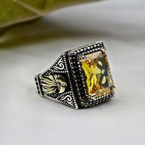 Handmade Men&#39;s Citrine Gemstone Ring, 925 Sterling Silver Turkish Jewelry-Gift for him