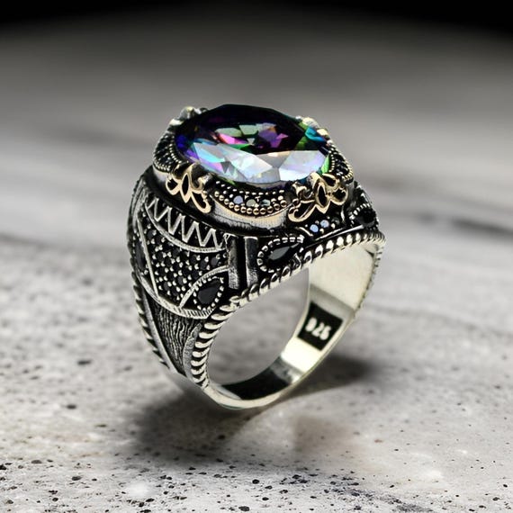 925 Sterling Silver Turkish Handmade Mystic Topaz Ring For Men – All Sizes, Multicolor, Natural Gemstone