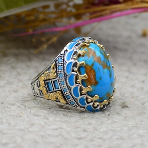 Turquoise Men&#39;s Ring in 925 Sterling Silver-Turkish Handmade Jewelry-Gift for men