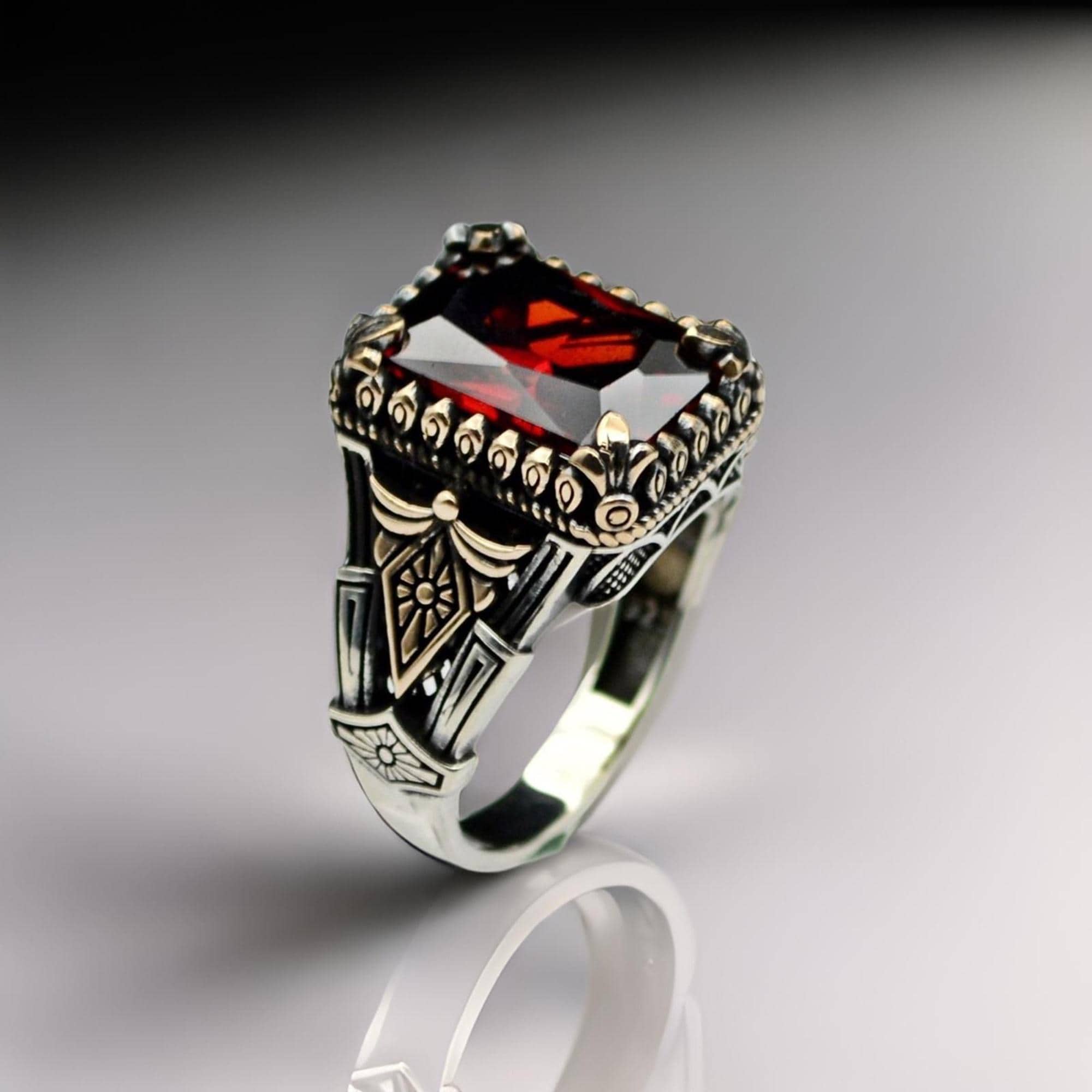 Bague Homme Vintage En Argent 925 Avec Grenat 8x10 Mm - Style Art Déco - Personnalisable - Neuf