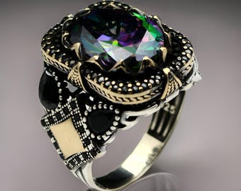 Mystic Topaz 925 Sterling Silver Ring for Men - Handmade Jewelry-Gift for him
