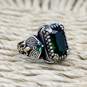 Handmade Emerald Men&#39;s Ring: 925 Sterling Silver Turkish Jewelry