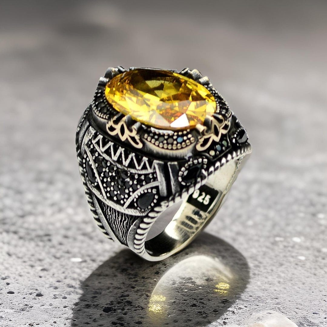Bague citrine turque faite main pour homme bijoux en argent