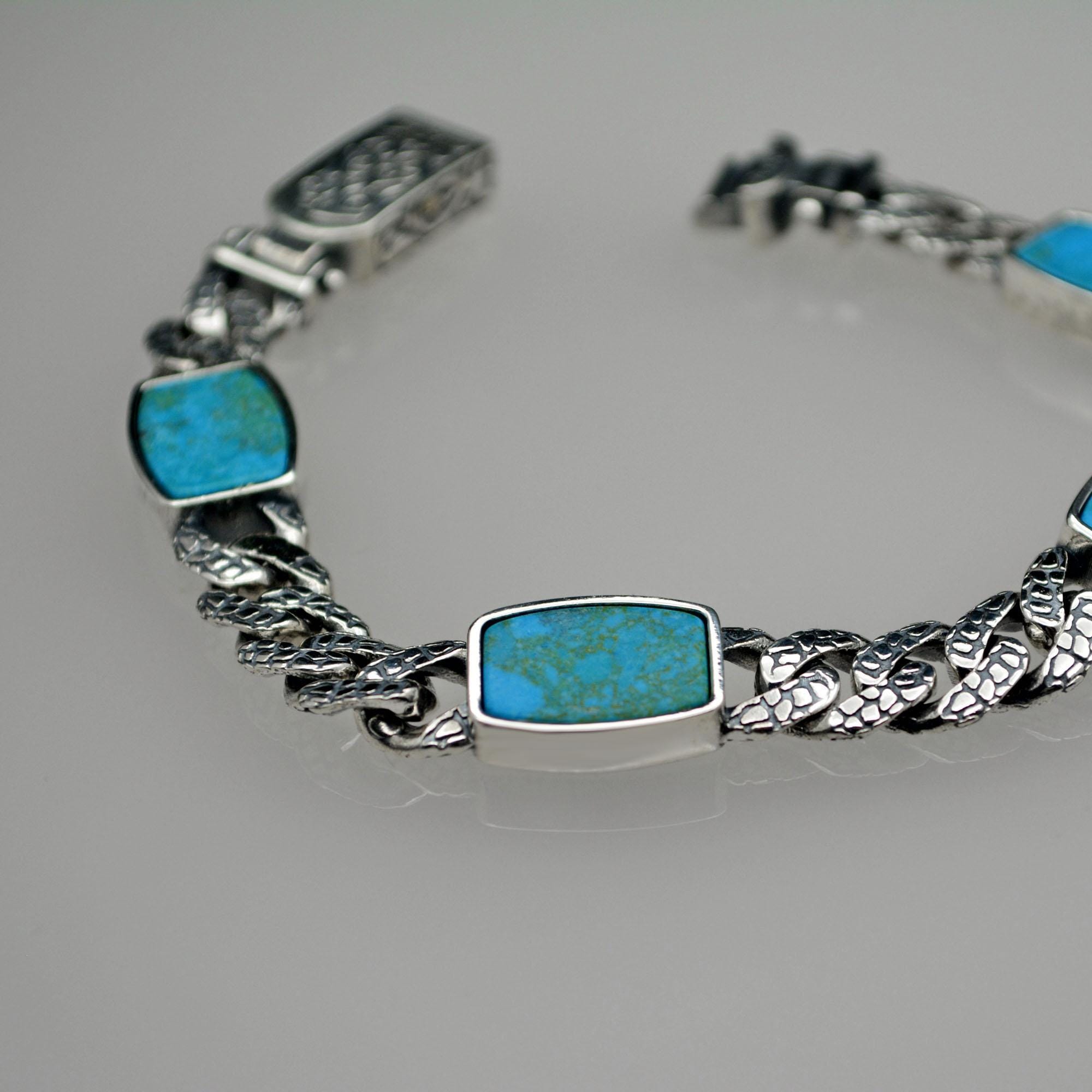 Men's 925 Sterling Silver Turquoise Bracelet – Chain Link Handmade