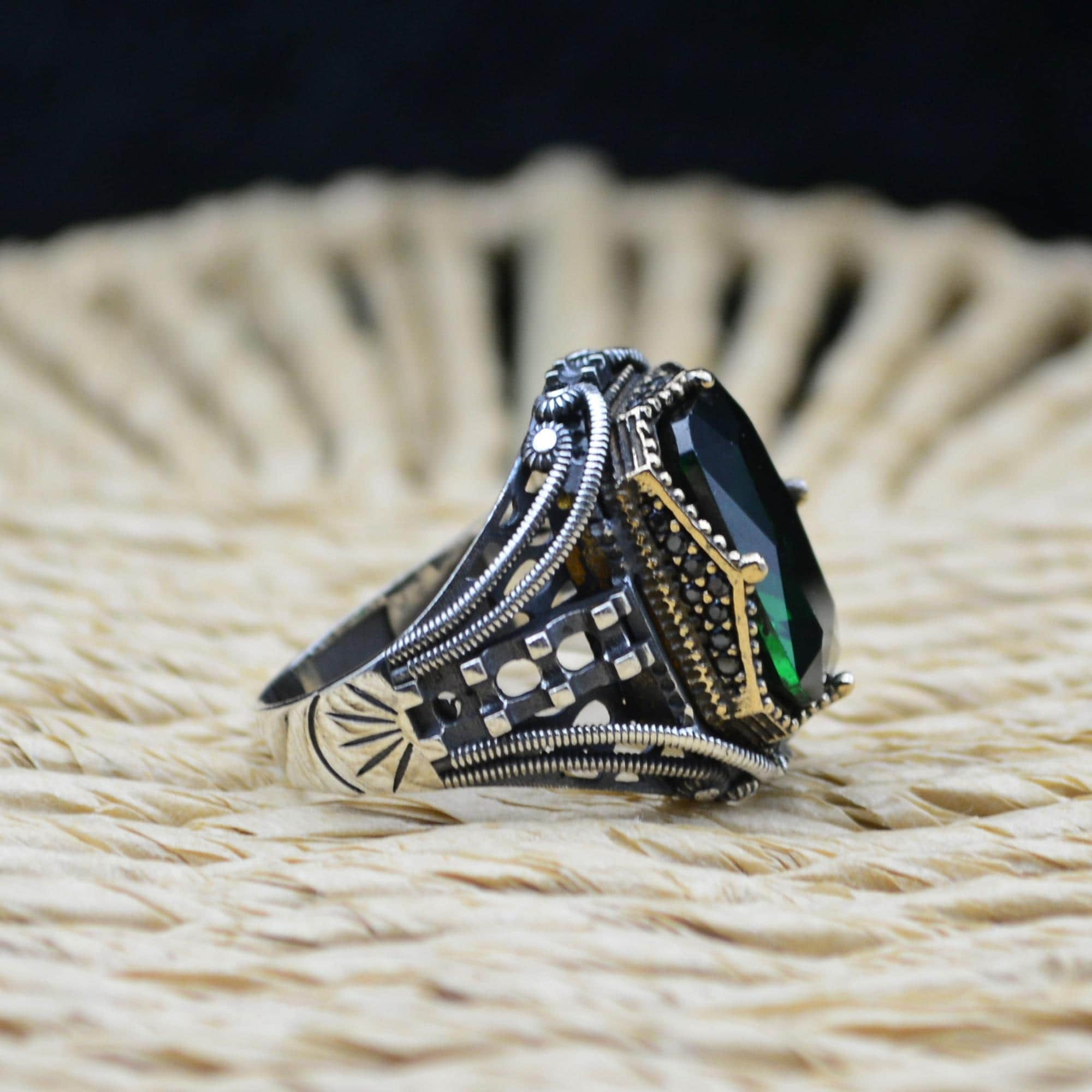 Emerald Men's Ring: Handmade Turkish 925 Sterling Silver - Etsy