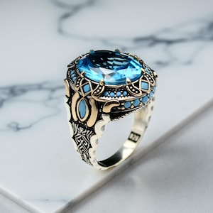 Anel masculino de prata esterlina com água-marinha: estilo otomano feito à mão