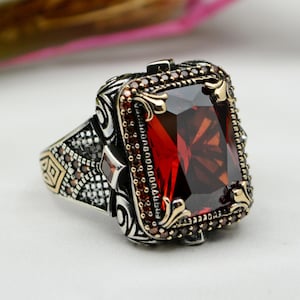 Ruby Ring Men Turkish Handmade 925 Sterling Silver Red Gemstone Statement Ring Ottoman Style