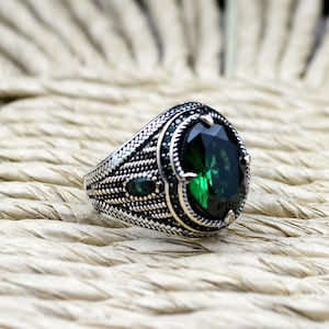 Handmade Emerald Men&#39;s Ring: 925 Sterling Silver Turkish Jewelry