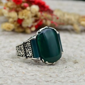 Green Agate Men&#39;s Ring in Solid Sterling Silver-Turkish Handmade Jewelry-Gift for Him,Personalized Gift