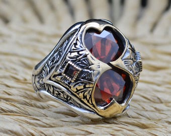 Anillo de rubí para hombre, plata de ley 925, joyería turca hecha a mano con piedras preciosas.