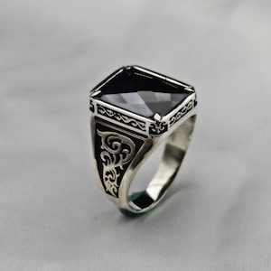 Turkse handgemaakte zwarte onyx herenring - 925 sterlingzilver Gepersonaliseerde ring, uniek statementstuk, cadeau voor hem