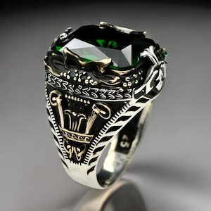 Handgemaakte herenring-smaragdgroene herenring-Turkse handgemaakte herenring-cadeau voor hem-925 sterlingzilver-vintage ring