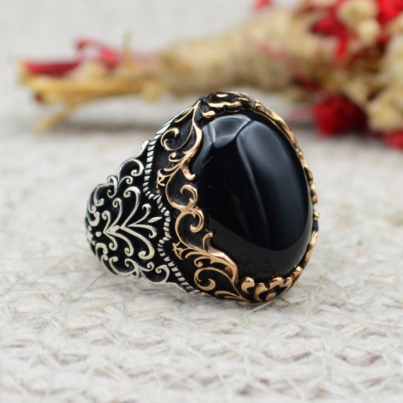 Black Onyx Sterling Silver Men's Ring - Turkish Handmade Jewelry