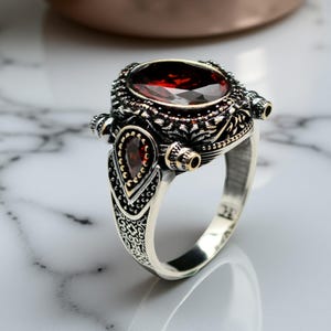 Men&#39;s Ruby Ring, 925 Sterling Silver Red Stone Ring, Turkish Handmade Jewelry Gift, Bold Statement Ring for Him, Unique Gemstone Ring