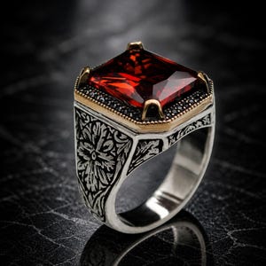 Pode incluir: Um anel de prata com uma grande pedra preciosa vermelha quadrada. O anel tem uma moldura dourada e é adornado com intrincados padrões florais na banda. Pequenas pedras pretas circundam a gema vermelha.