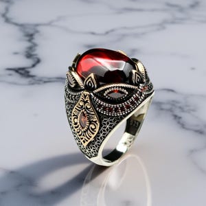 925 Sterling Silver Ruby Men&#39;s Ring,Ottoman Style Red Stone Statement Ring,Handmade Turkish Jewelry