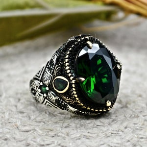 Emerald Ring Men-Turkish Handmade Men&#39;s Ring-925 Sterling Silver Men Ring-Gift for him