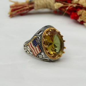 Alexandrite Sterling Silver Men&#39;s Ring: Handmade USA Flag Patriotic Ring