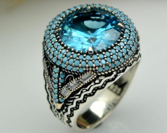 Anel masculino Aquamarine feito à mão em prata de lei 925
