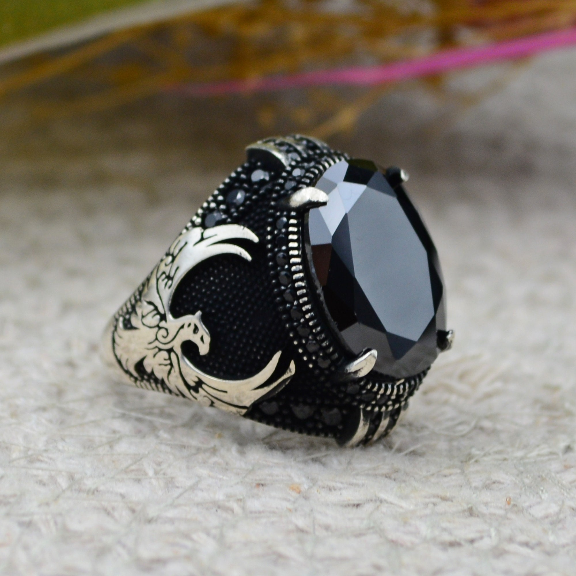 Black Onyx Men's Ring With Bold Eagle Design - Turkish