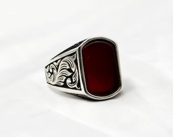 Red Agate Sterling Silver Signet Ring for Men: Turkish Design