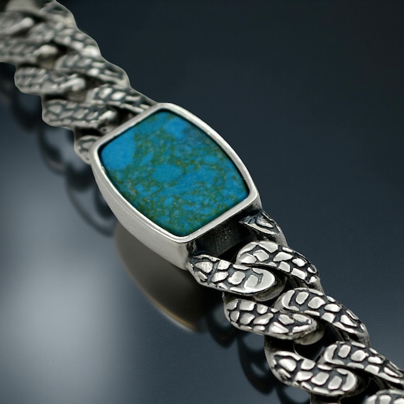 Men's 925 Sterling Silver Turquoise Bracelet – Chain Link Handmade
