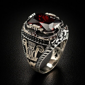 Puede incluir: Anillo de plata con una gran gema roja rectangular y facetada en el centro. El anillo tiene intrincados patrones detallados y piedras rojas más pequeñas. La banda presenta diseños grabados.